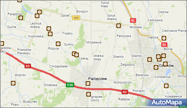 mapa Wielka Wieś gmina Parzęczew, Wielka Wieś gmina Parzęczew na mapie Targeo