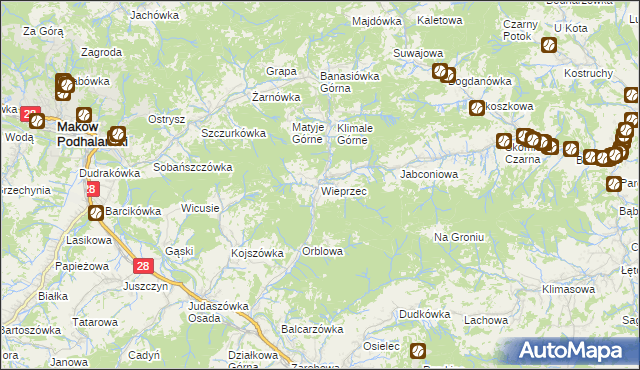 mapa Wieprzec gmina Maków Podhalański, Wieprzec gmina Maków Podhalański na mapie Targeo