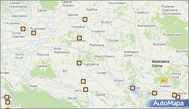 mapa Wierzchowiny gmina Wadowice Górne, Wierzchowiny gmina Wadowice Górne na mapie Targeo