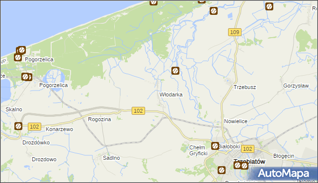 mapa Włodarka gmina Trzebiatów, Włodarka gmina Trzebiatów na mapie Targeo