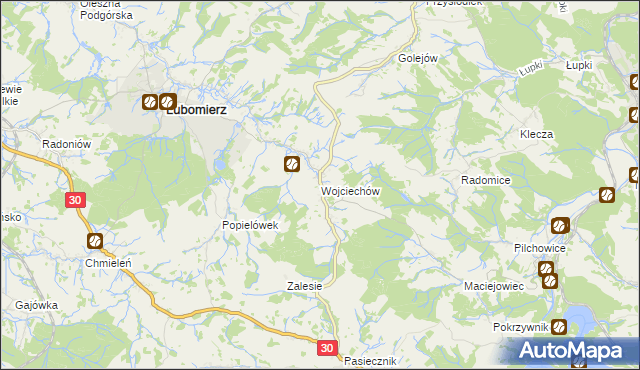 mapa Wojciechów gmina Lubomierz, Wojciechów gmina Lubomierz na mapie Targeo