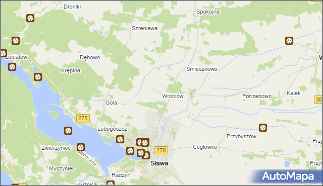 mapa Wróblów gmina Sława, Wróblów gmina Sława na mapie Targeo