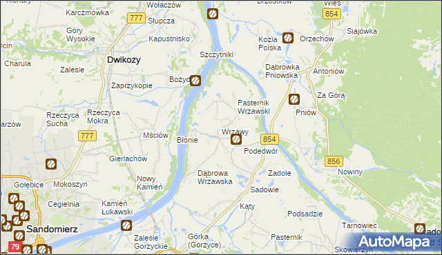 mapa Wrzawy gmina Gorzyce, Wrzawy gmina Gorzyce na mapie Targeo