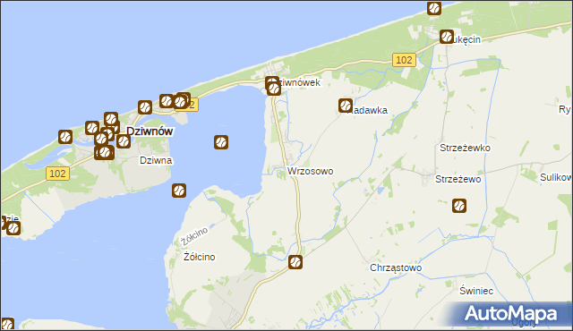 mapa Wrzosowo gmina Kamień Pomorski, Wrzosowo gmina Kamień Pomorski na mapie Targeo