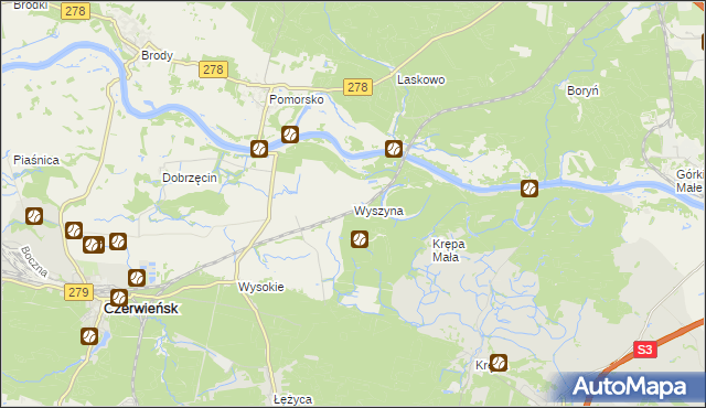 mapa Wyszyna gmina Czerwieńsk, Wyszyna gmina Czerwieńsk na mapie Targeo