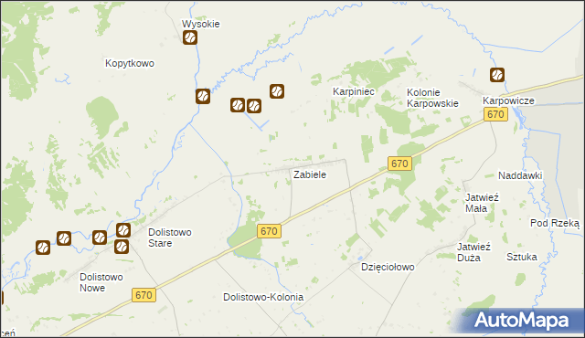 mapa Zabiele gmina Jaświły, Zabiele gmina Jaświły na mapie Targeo