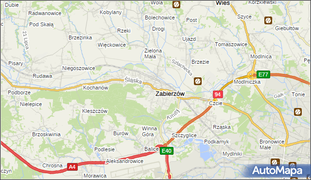 mapa Zabierzów powiat krakowski, Zabierzów powiat krakowski na mapie Targeo