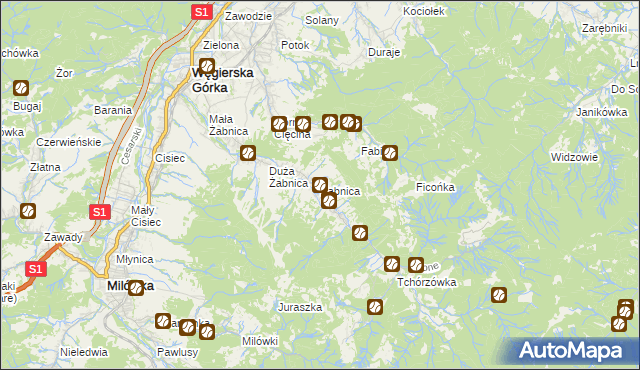 mapa Żabnica gmina Węgierska Górka, Żabnica gmina Węgierska Górka na mapie Targeo