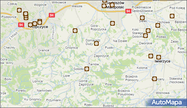 mapa Zagorzyce gmina Sędziszów Małopolski, Zagorzyce gmina Sędziszów Małopolski na mapie Targeo