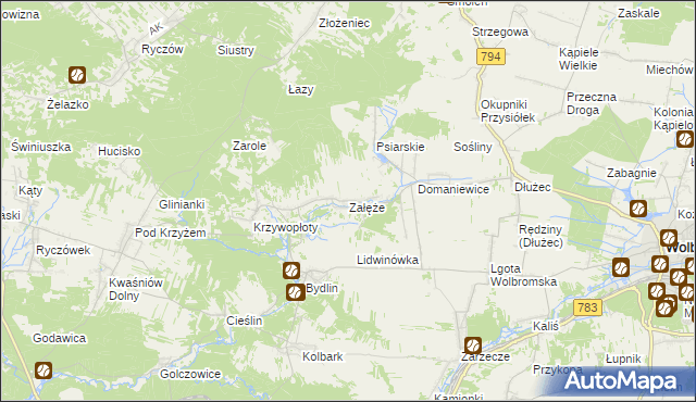 mapa Załęże gmina Wolbrom, Załęże gmina Wolbrom na mapie Targeo