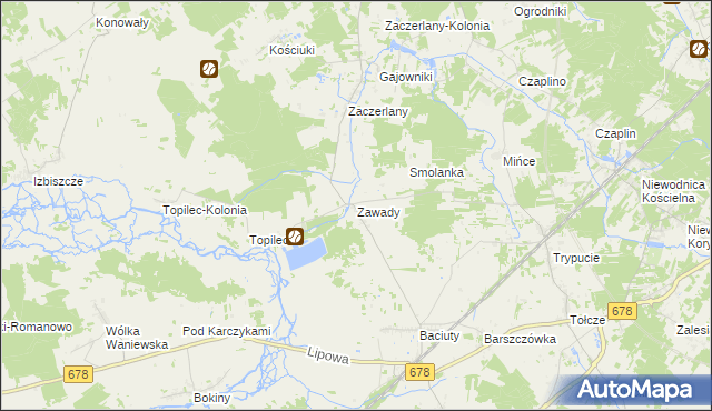 mapa Zawady gmina Turośń Kościelna, Zawady gmina Turośń Kościelna na mapie Targeo