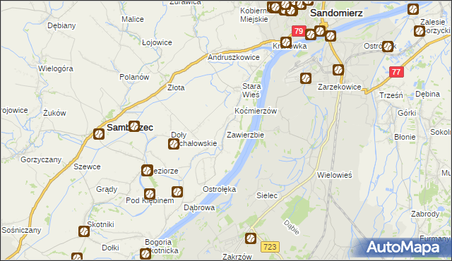 mapa Zawierzbie gmina Samborzec, Zawierzbie gmina Samborzec na mapie Targeo