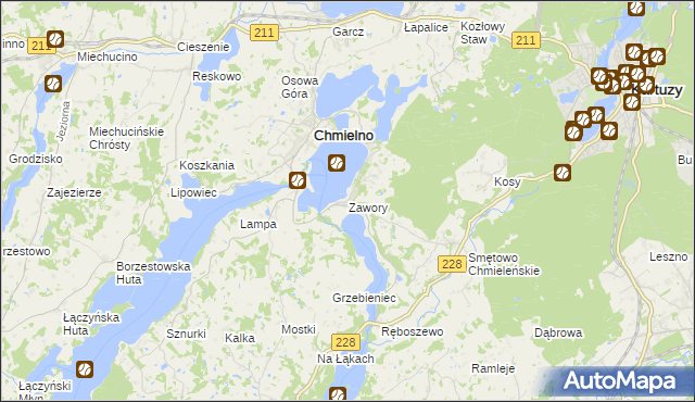 mapa Zawory gmina Chmielno, Zawory gmina Chmielno na mapie Targeo