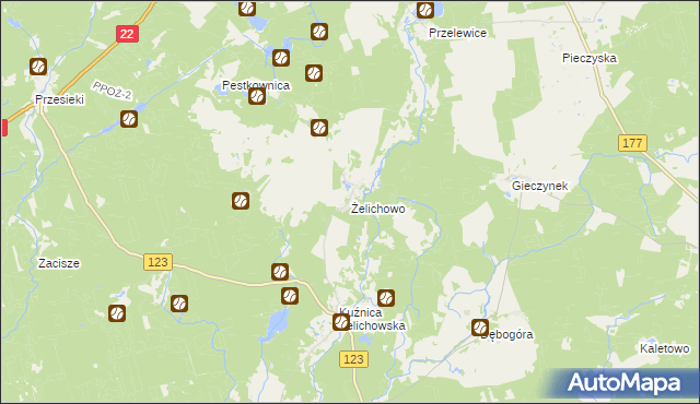 mapa Żelichowo gmina Krzyż Wielkopolski, Żelichowo gmina Krzyż Wielkopolski na mapie Targeo