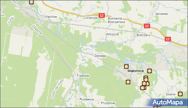 mapa Żelisław gmina Małomice, Żelisław gmina Małomice na mapie Targeo