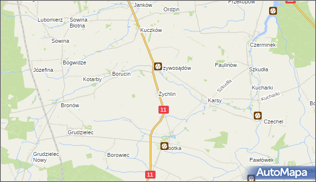mapa Żychlin gmina Gołuchów, Żychlin gmina Gołuchów na mapie Targeo
