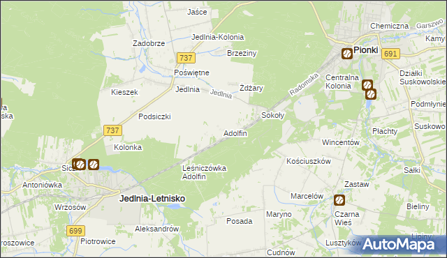 mapa Adolfin gmina Pionki, Adolfin gmina Pionki na mapie Targeo