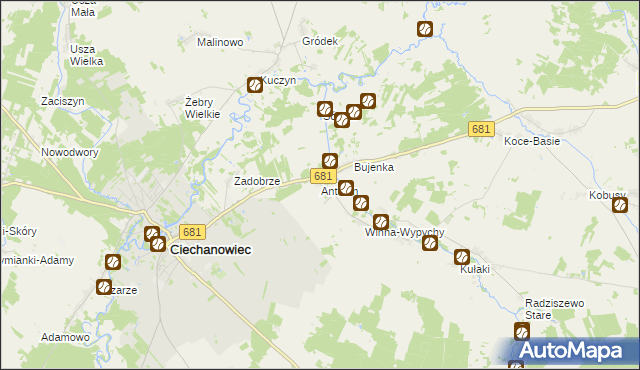 mapa Antonin gmina Ciechanowiec, Antonin gmina Ciechanowiec na mapie Targeo