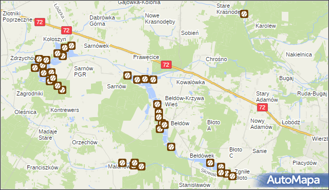 mapa Bełdów-Krzywa Wieś, Bełdów-Krzywa Wieś na mapie Targeo