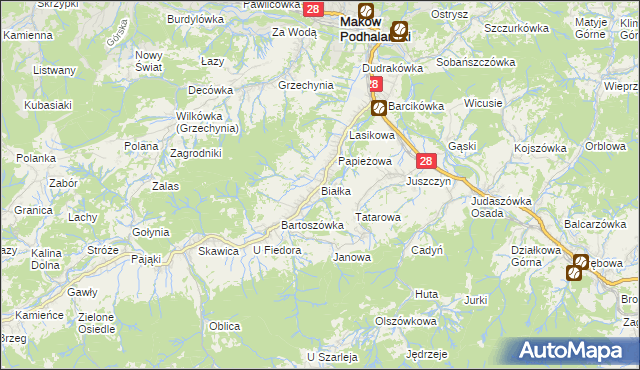 mapa Białka gmina Maków Podhalański, Białka gmina Maków Podhalański na mapie Targeo