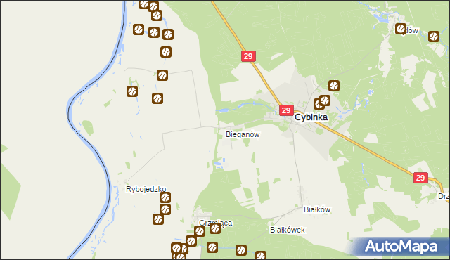 mapa Bieganów gmina Cybinka, Bieganów gmina Cybinka na mapie Targeo