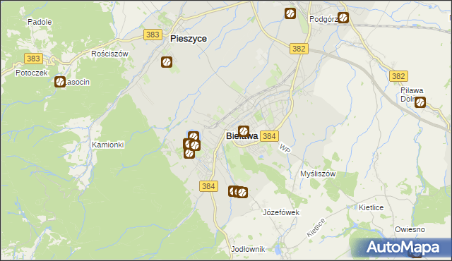mapa Bielawa powiat dzierżoniowski, Bielawa powiat dzierżoniowski na mapie Targeo