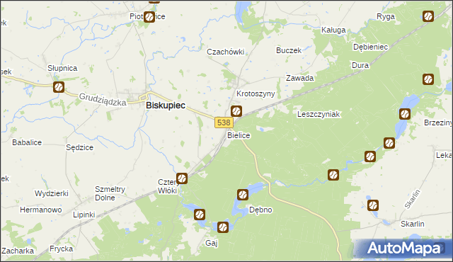 mapa Bielice gmina Biskupiec, Bielice gmina Biskupiec na mapie Targeo