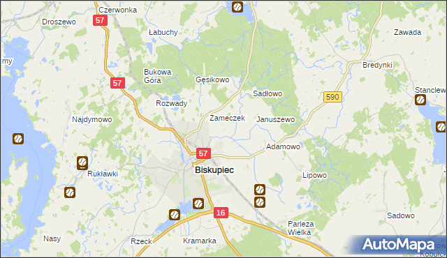 mapa Biskupiec-Kolonia Pierwsza, Biskupiec-Kolonia Pierwsza na mapie Targeo