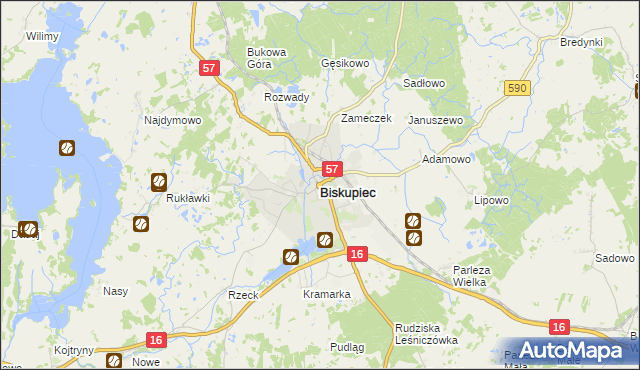 mapa Biskupiec powiat olsztyński, Biskupiec powiat olsztyński na mapie Targeo