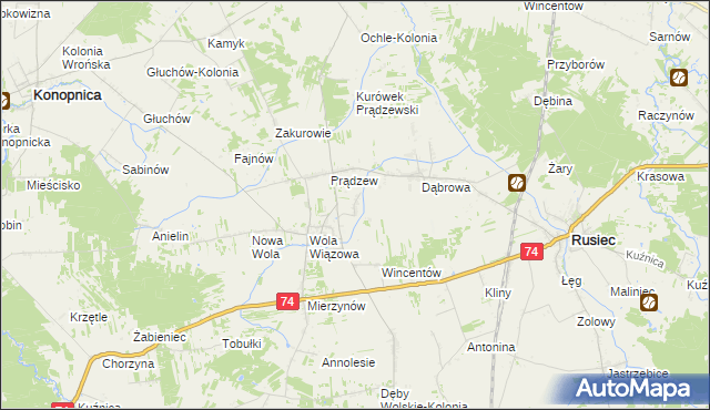 mapa Bolesławów gmina Rusiec, Bolesławów gmina Rusiec na mapie Targeo