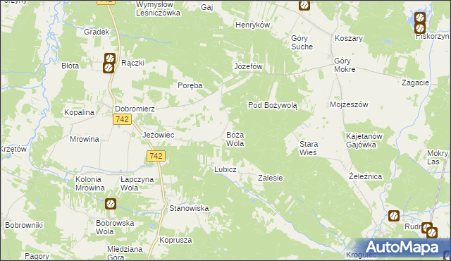 mapa Boża Wola gmina Kluczewsko, Boża Wola gmina Kluczewsko na mapie Targeo