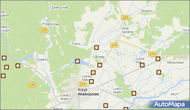mapa Brzegi gmina Krzyż Wielkopolski, Brzegi gmina Krzyż Wielkopolski na mapie Targeo