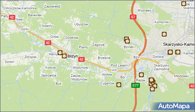 mapa Brzeście gmina Bliżyn, Brzeście gmina Bliżyn na mapie Targeo