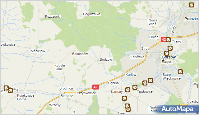mapa Budzów gmina Gorzów Śląski, Budzów gmina Gorzów Śląski na mapie Targeo