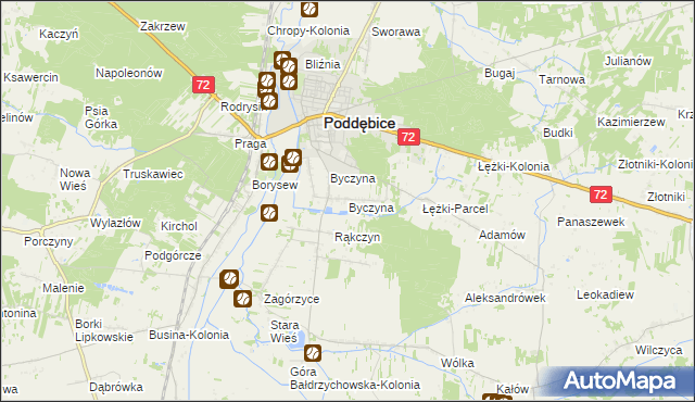 mapa Byczyna gmina Poddębice, Byczyna gmina Poddębice na mapie Targeo