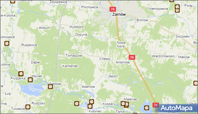 mapa Chełsty gmina Żarnów, Chełsty gmina Żarnów na mapie Targeo