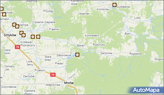 mapa Chyby gmina Mniów, Chyby gmina Mniów na mapie Targeo