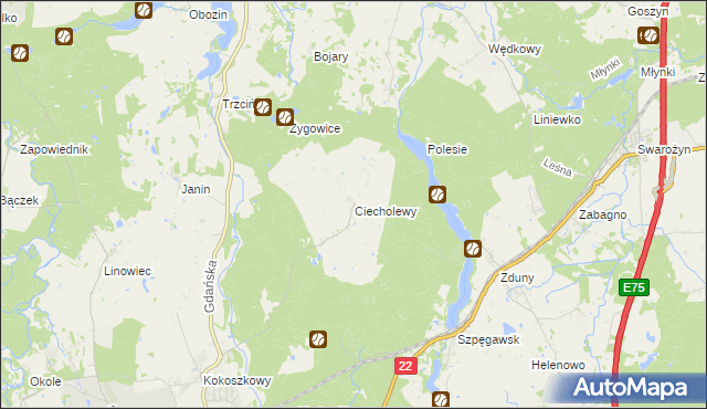 mapa Ciecholewy gmina Starogard Gdański, Ciecholewy gmina Starogard Gdański na mapie Targeo