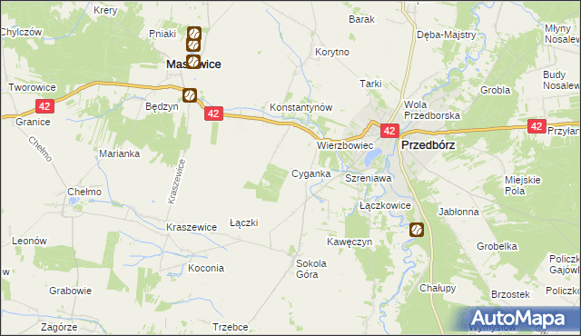 mapa Cyganka gmina Masłowice, Cyganka gmina Masłowice na mapie Targeo