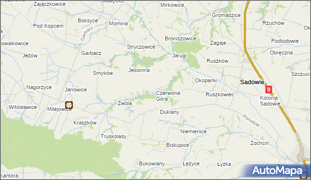 mapa Czerwona Góra gmina Sadowie, Czerwona Góra gmina Sadowie na mapie Targeo