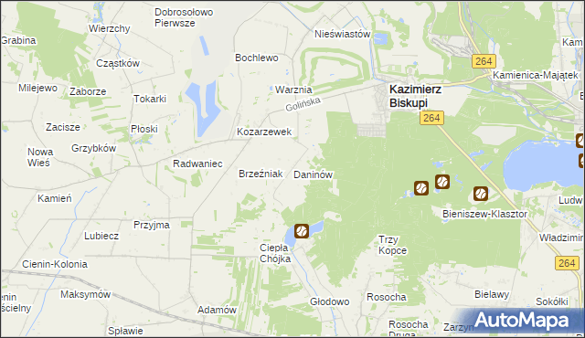 mapa Daninów gmina Kazimierz Biskupi, Daninów gmina Kazimierz Biskupi na mapie Targeo