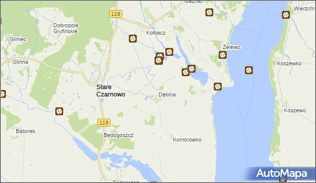 mapa Dębina gmina Stare Czarnowo, Dębina gmina Stare Czarnowo na mapie Targeo