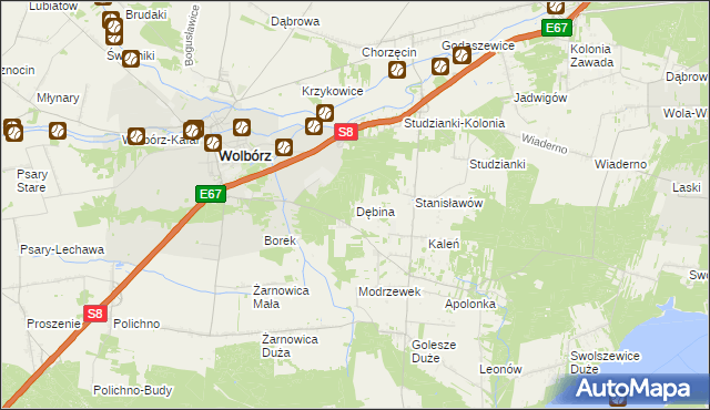 mapa Dębina gmina Wolbórz, Dębina gmina Wolbórz na mapie Targeo