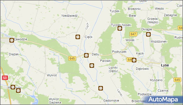 mapa Dęby gmina Łyse, Dęby gmina Łyse na mapie Targeo