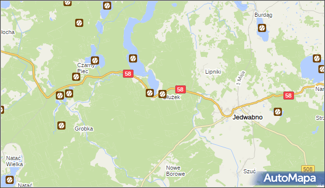 mapa Dłużek gmina Jedwabno, Dłużek gmina Jedwabno na mapie Targeo