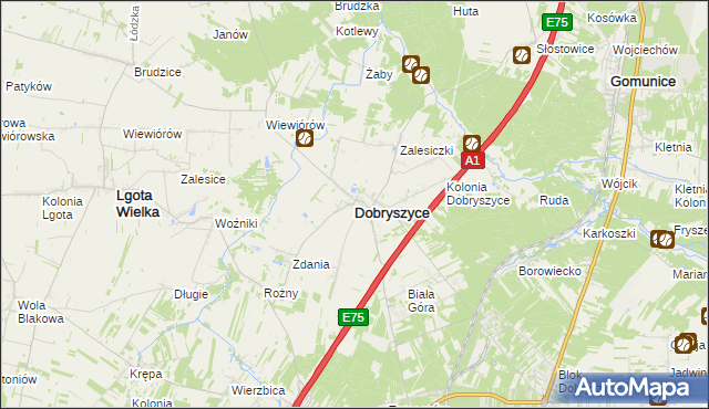 mapa Dobryszyce, Dobryszyce na mapie Targeo