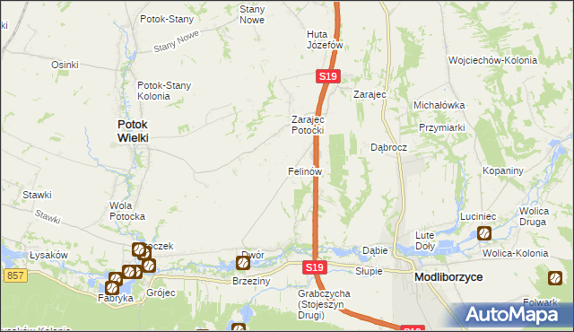 mapa Felinów gmina Modliborzyce, Felinów gmina Modliborzyce na mapie Targeo