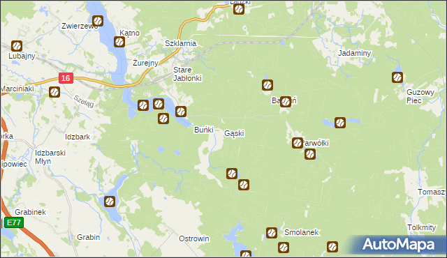 mapa Gąski gmina Ostróda, Gąski gmina Ostróda na mapie Targeo