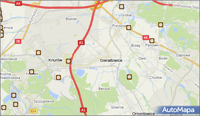 mapa Gierałtowice powiat gliwicki, Gierałtowice powiat gliwicki na mapie Targeo