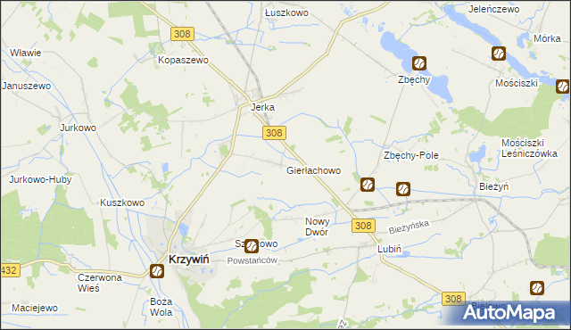 mapa Gierłachowo gmina Krzywiń, Gierłachowo gmina Krzywiń na mapie Targeo